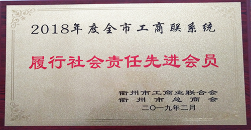 衢州市履行社会责任先进会员奖牌（2018年）