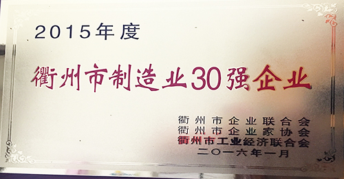 衢州市制造业30强奖牌（2015年）